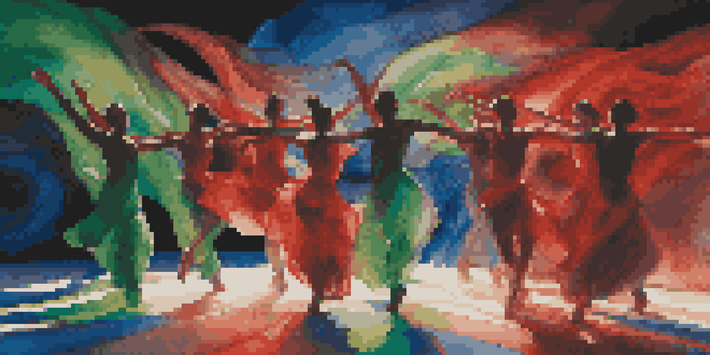 A group of dancers performing on stage with vibrant LED lights in various colors creating dynamic patterns around them.