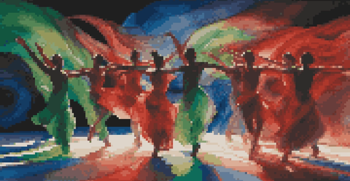 A group of dancers performing on stage with vibrant LED lights in various colors creating dynamic patterns around them.