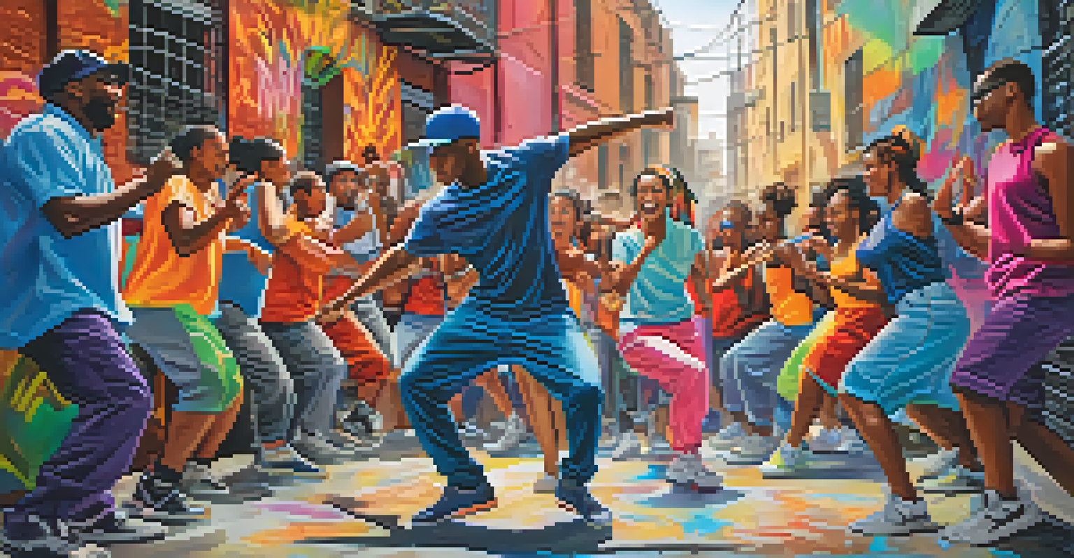 An energetic hip-hop dance battle in a graffiti-covered alley, featuring two dancers in motion with a crowd of onlookers cheering.