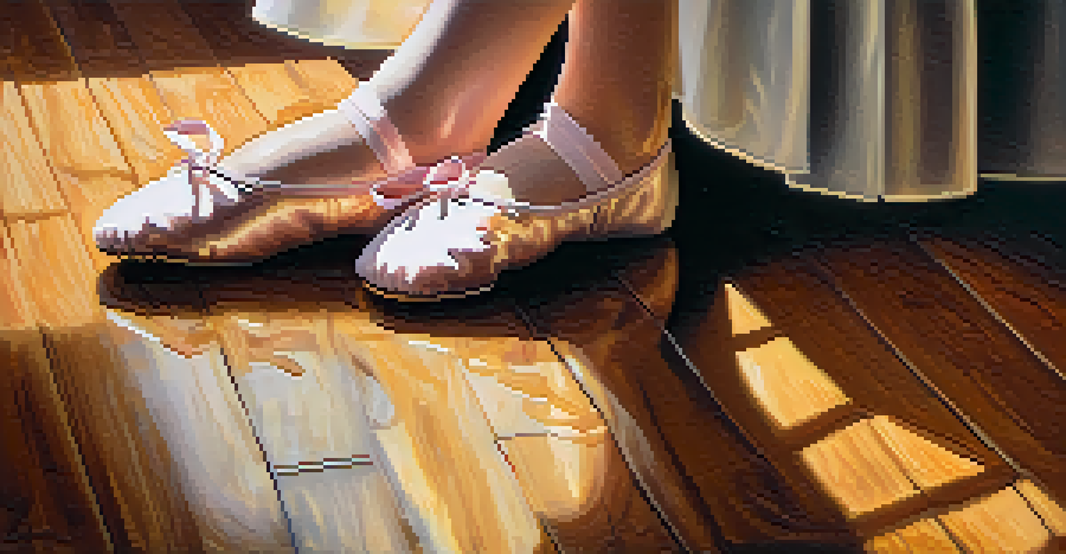 Close-up of a young dancer's feet in ballet shoes on a polished wooden stage.
