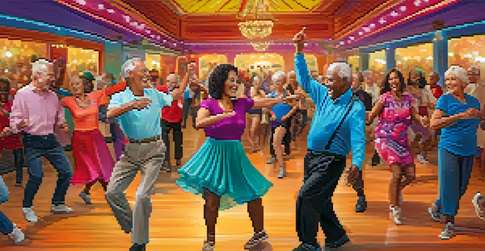 A group of older adults happily dancing in a salsa class, dressed in colorful outfits with smiles on their faces.