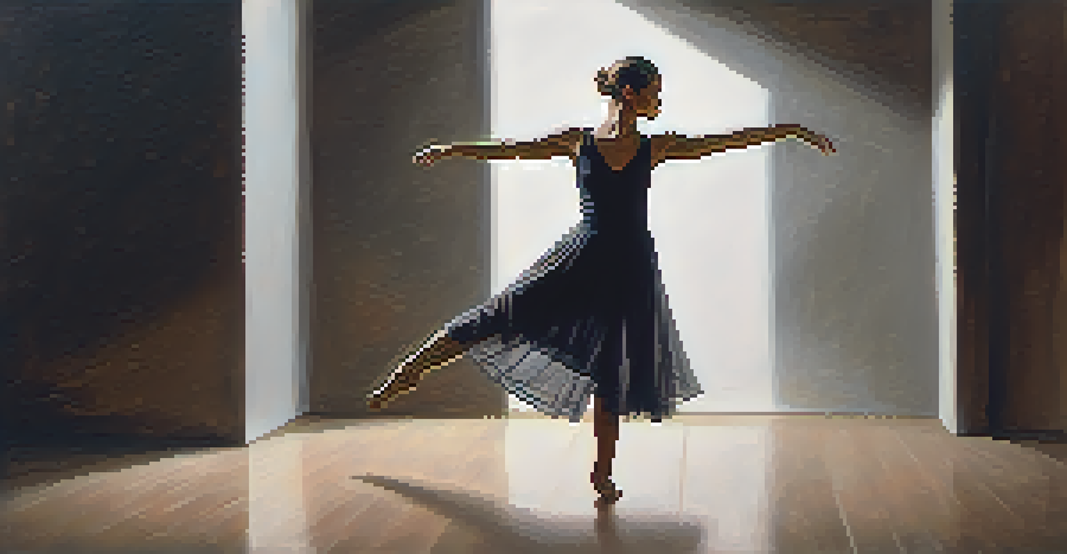 A dancer in a dimly lit room, performing a slow movement with a focused spotlight on her face, conveying deep emotion.