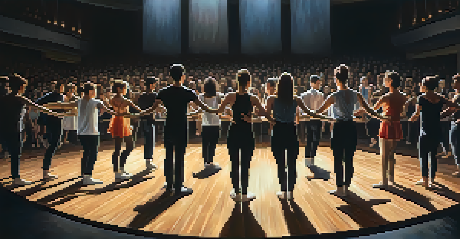 A contemporary dance performance on stage, with dancers expressing emotions through fluid movements and creative lighting.