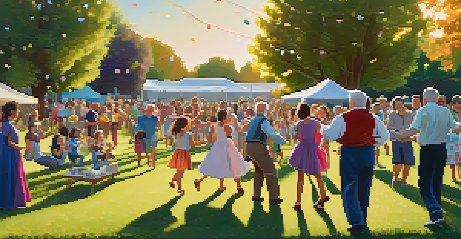 A lively outdoor dance-off event in a park with families of all ages dancing together, surrounded by trees, balloons, and a festive atmosphere.