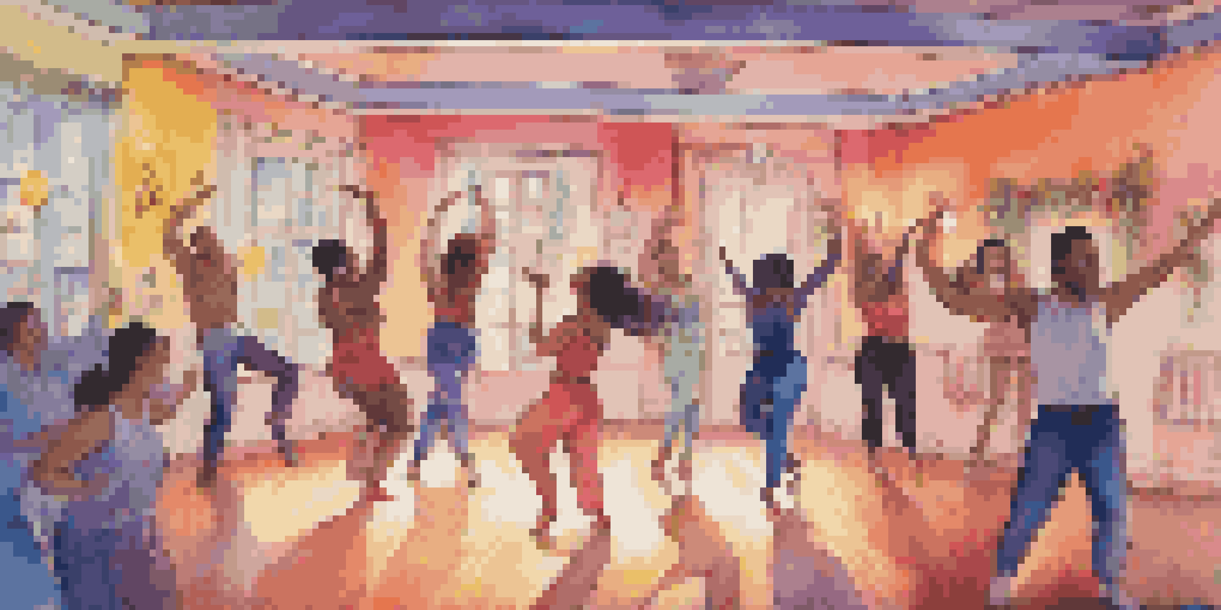 A lively virtual dance competition with diverse dancers performing in their homes, colorful lights, and an audience watching online.