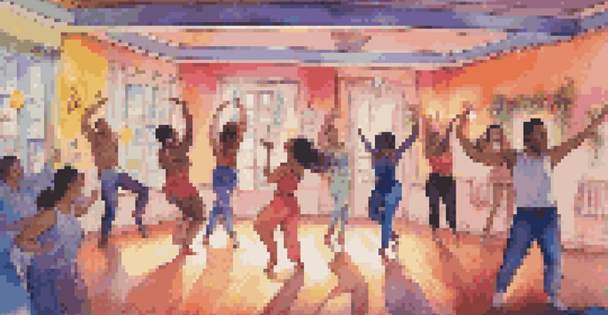 A lively virtual dance competition with diverse dancers performing in their homes, colorful lights, and an audience watching online.