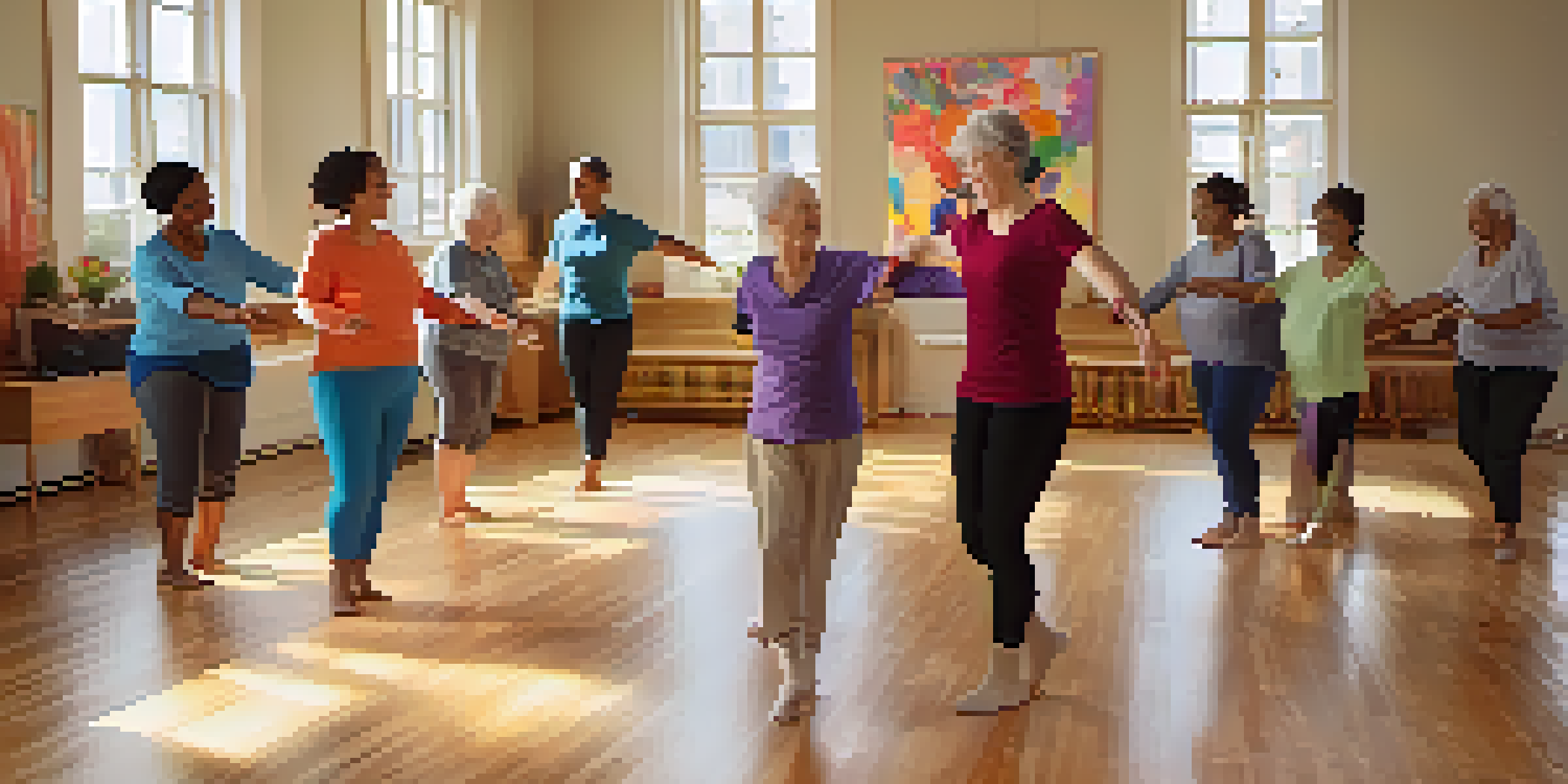 A diverse group of individuals participating in a joyful dance therapy session in a sunlit studio with colorful art and warm natural light.