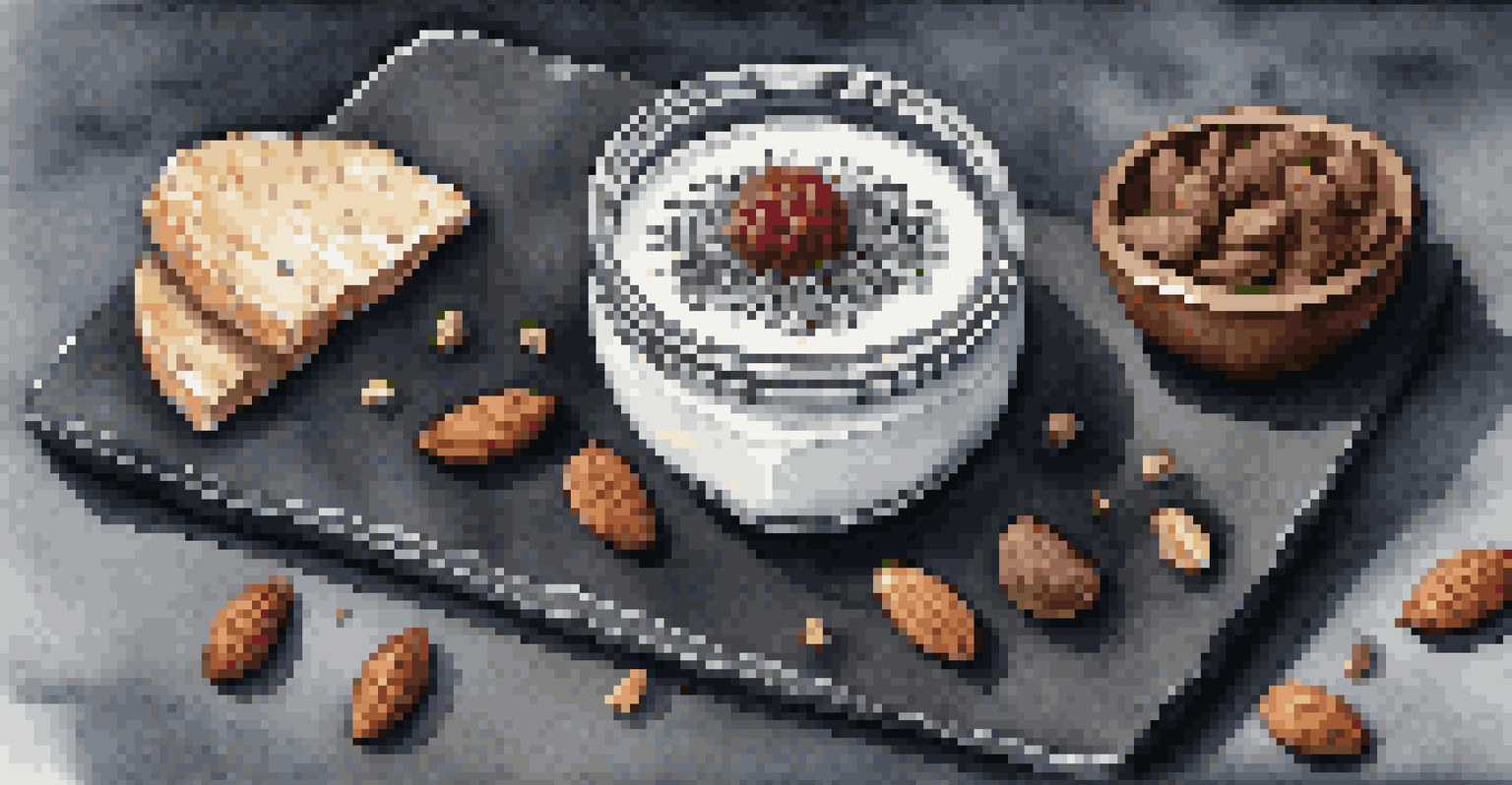 A slate board showcasing Greek yogurt with chia seeds, almonds, and dark chocolate in soft lighting.