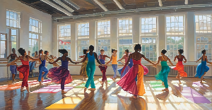 A diverse group of dancers practicing in a bright dance studio with colorful mats and large windows.