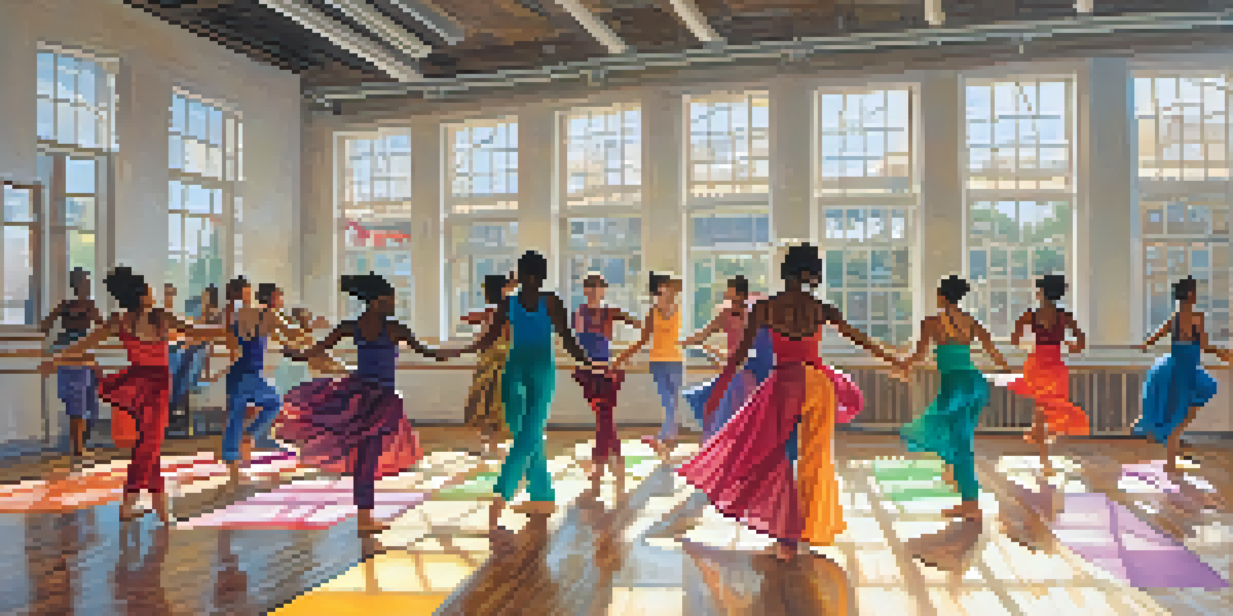 A diverse group of dancers practicing in a bright dance studio with colorful mats and large windows.
