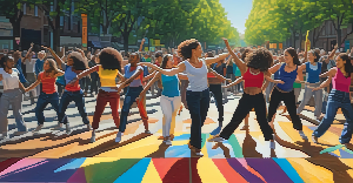 A lively street scene with diverse dancers performing in a protest for social justice, surrounded by colorful banners and sunlight filtering through the trees.