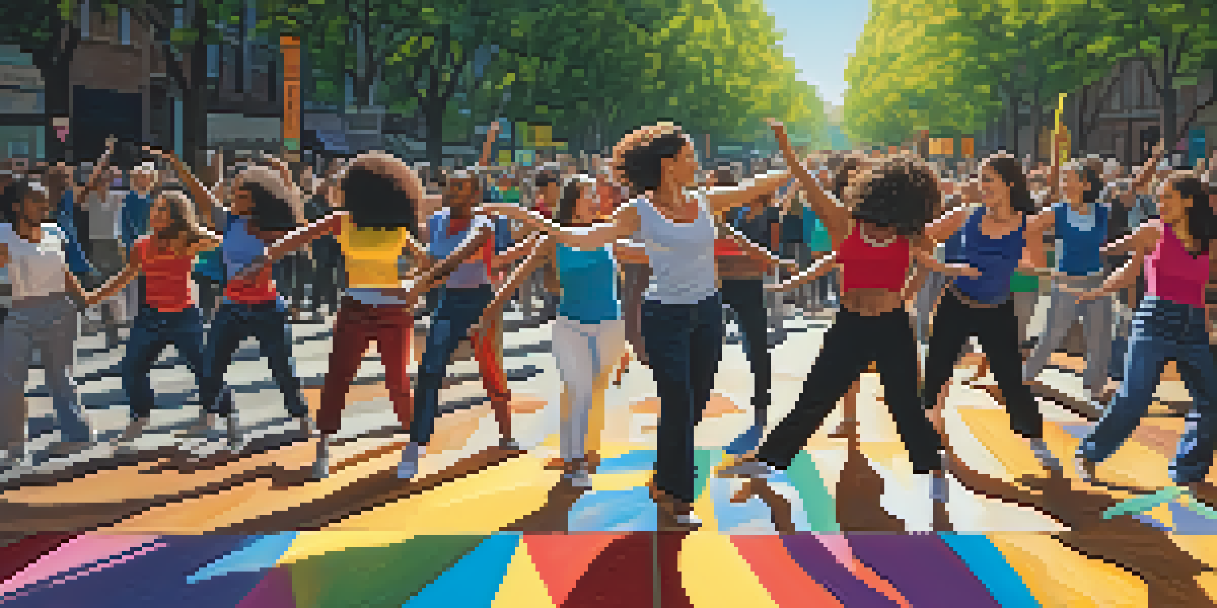 A lively street scene with diverse dancers performing in a protest for social justice, surrounded by colorful banners and sunlight filtering through the trees.