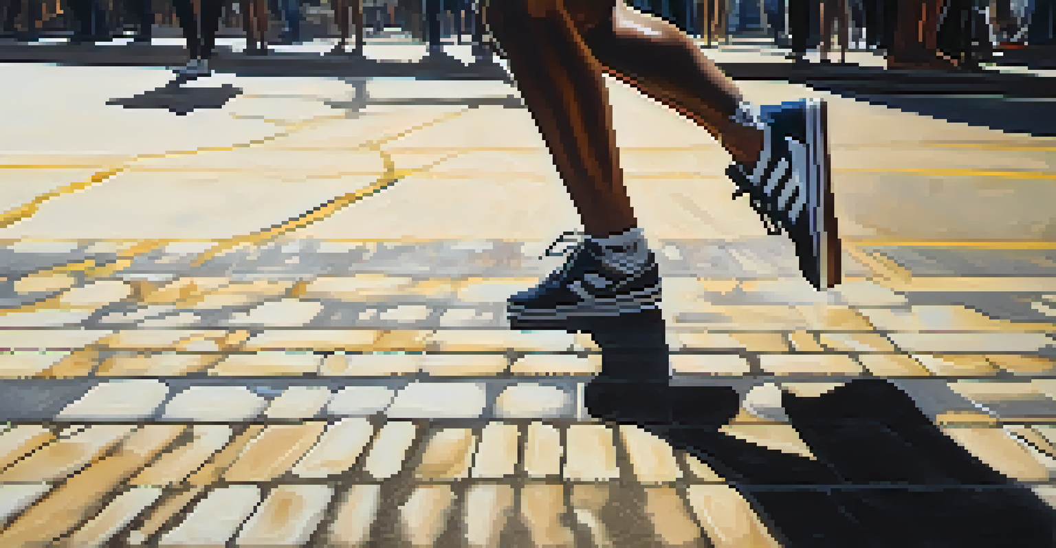 Close-up of a dancer's feet performing footwork on urban pavement, showcasing the texture and stylish sneakers under sunlight.