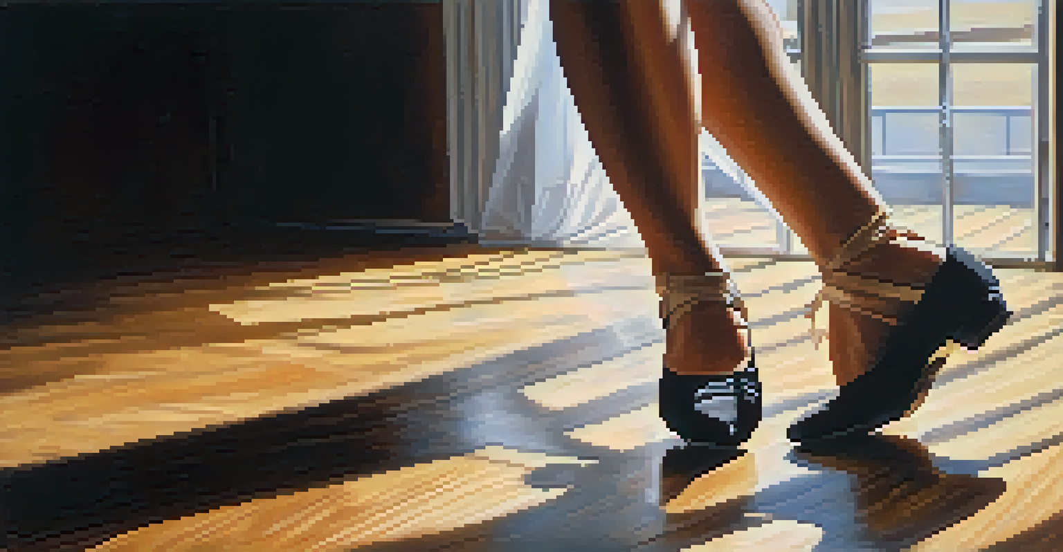 A close-up view of a dancer's feet in unique shoes mid-movement on a polished wooden stage with dramatic lighting.