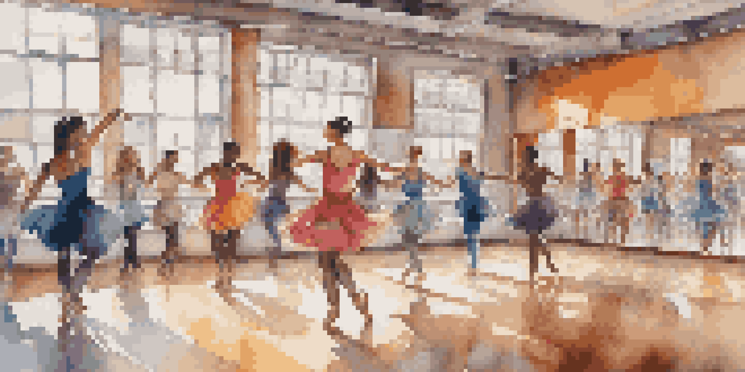A lively dance studio with diverse dancers in motion, illuminated by natural light and decorated with colorful posters.