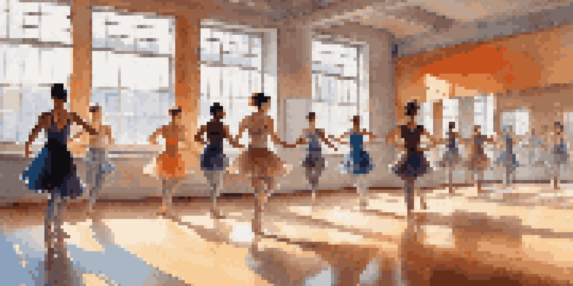 A lively dance studio where diverse dancers are practicing contemporary dance, with natural light illuminating the space.