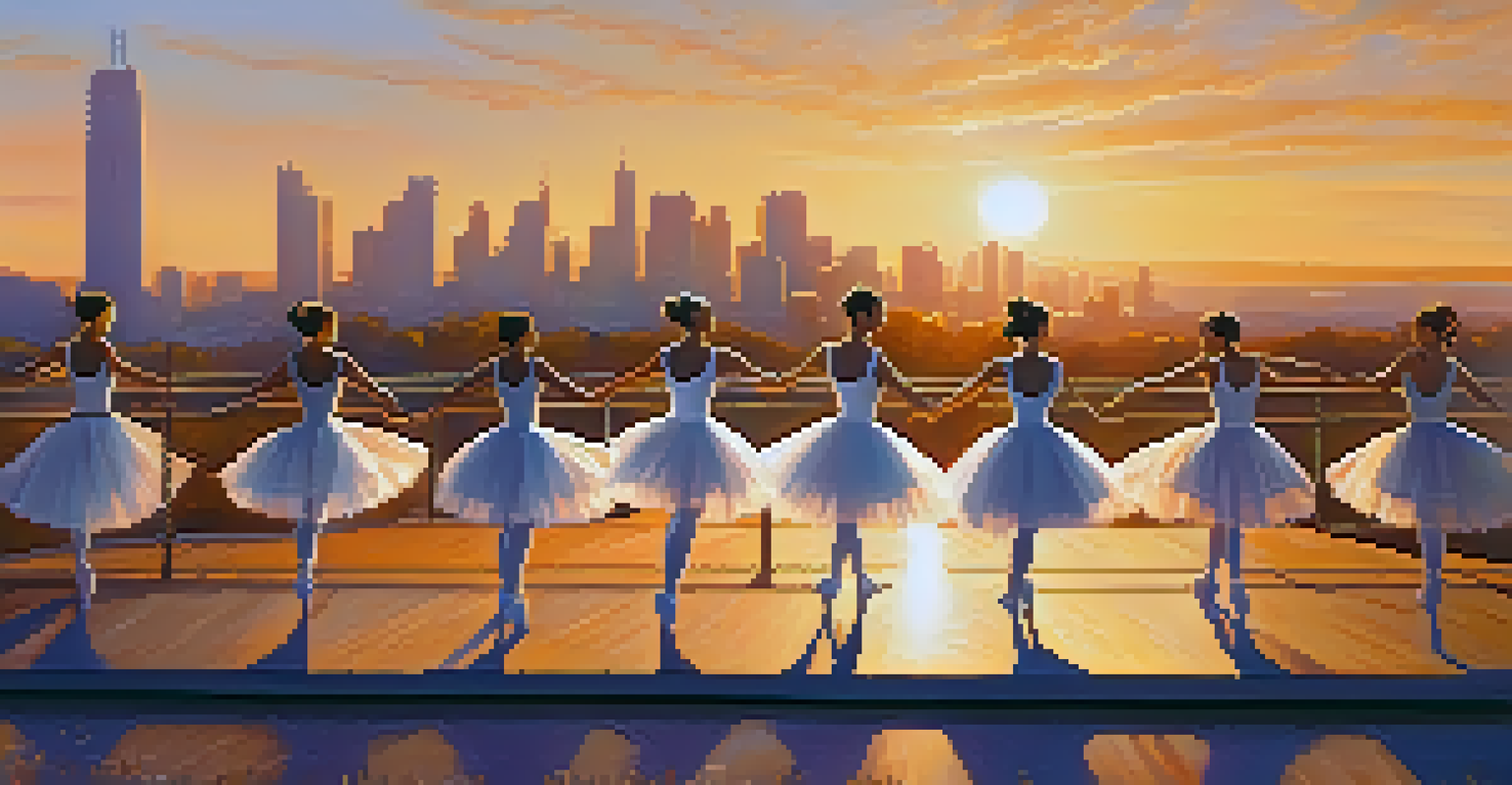 Ballet dancers performing outdoors at sunset with a city skyline in the background, creating a magical atmosphere.