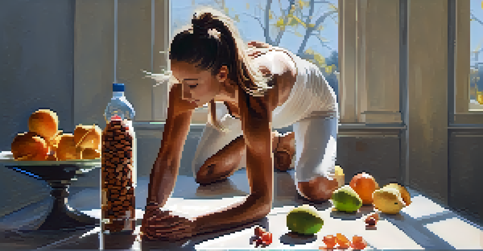 A dancer stretching in a bright studio with a water bottle and healthy snacks on a table, highlighting the importance of nutrition.