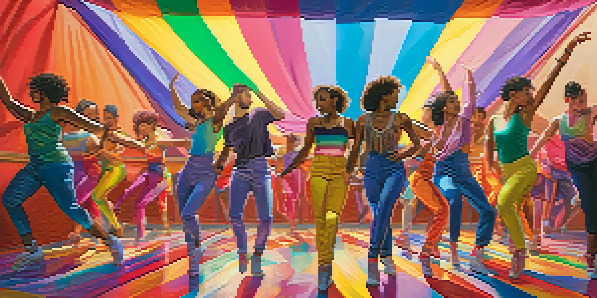 A lively dance studio filled with LGBTQ+ dancers of various backgrounds, showcasing vibrant movements and colorful decorations.