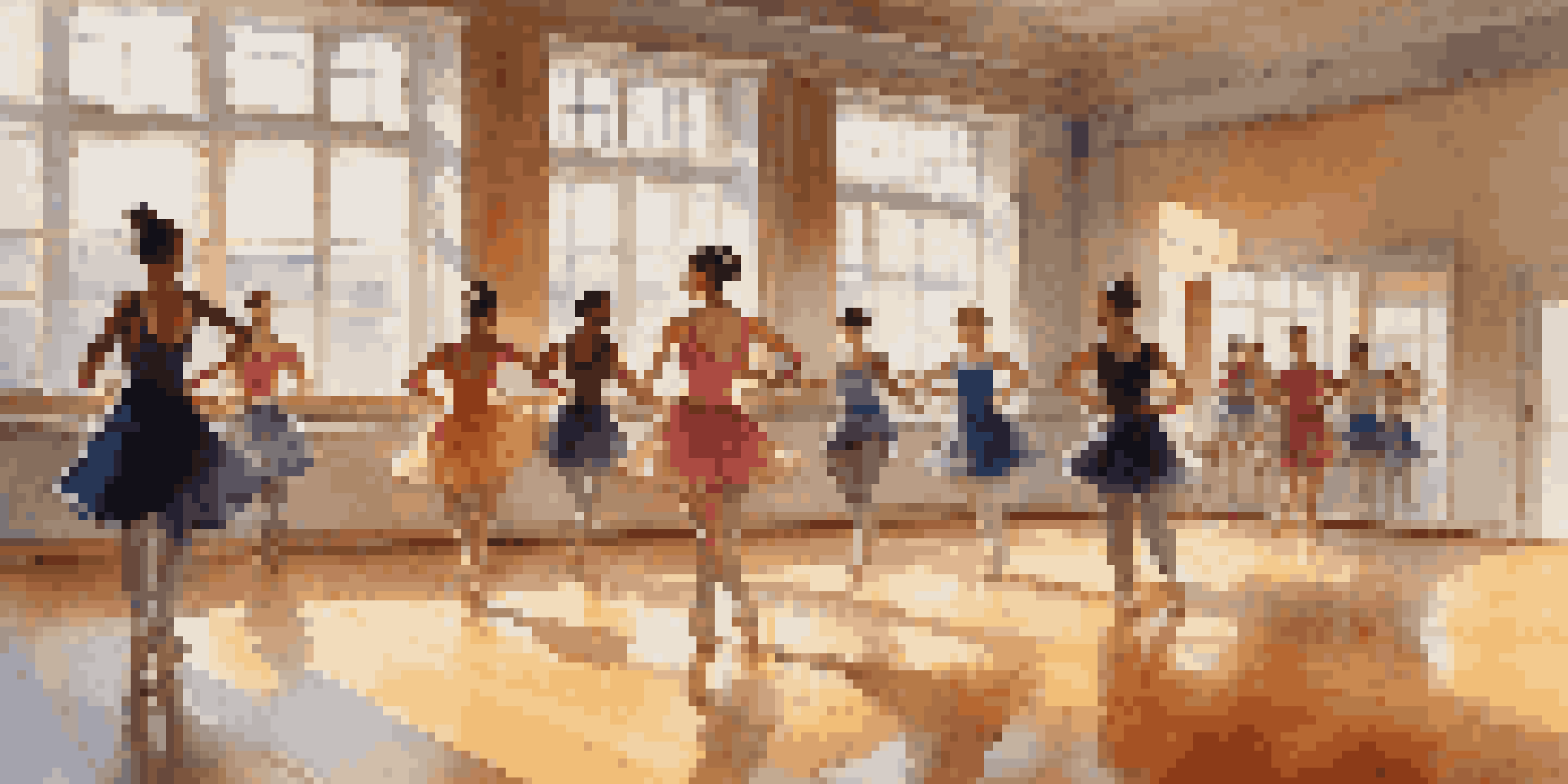 A diverse group of dancers in a sunlit studio practicing a contemporary dance routine, with warm light illuminating the scene.