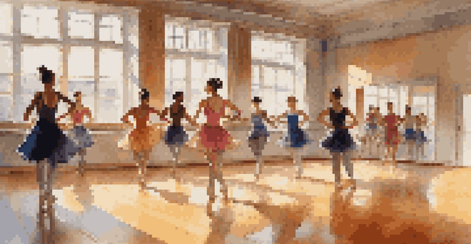 A diverse group of dancers in a sunlit studio practicing a contemporary dance routine, with warm light illuminating the scene.