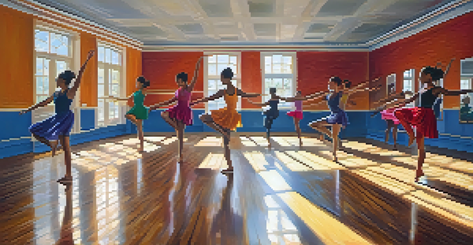 A lively dance studio with diverse dancers practicing a contemporary routine, illuminated by natural light, with mirrors and wooden floors.