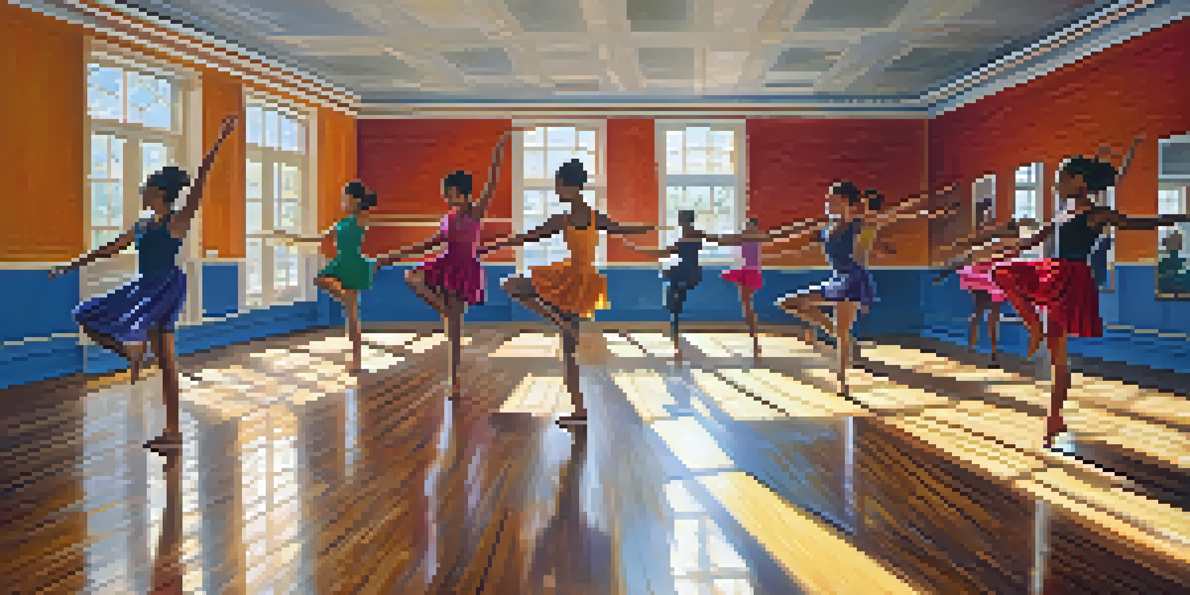 A lively dance studio with diverse dancers practicing a contemporary routine, illuminated by natural light, with mirrors and wooden floors.