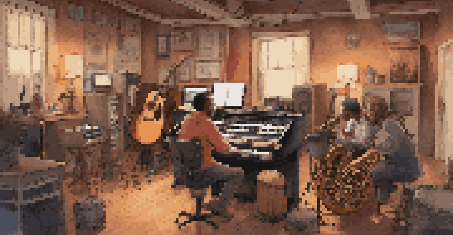 A music producer working with diverse musicians in a cozy studio filled with traditional instruments and modern equipment.