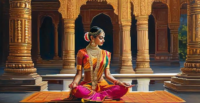 A Bharatanatyam dancer in a vibrant costume performing in a sunlit temple courtyard.