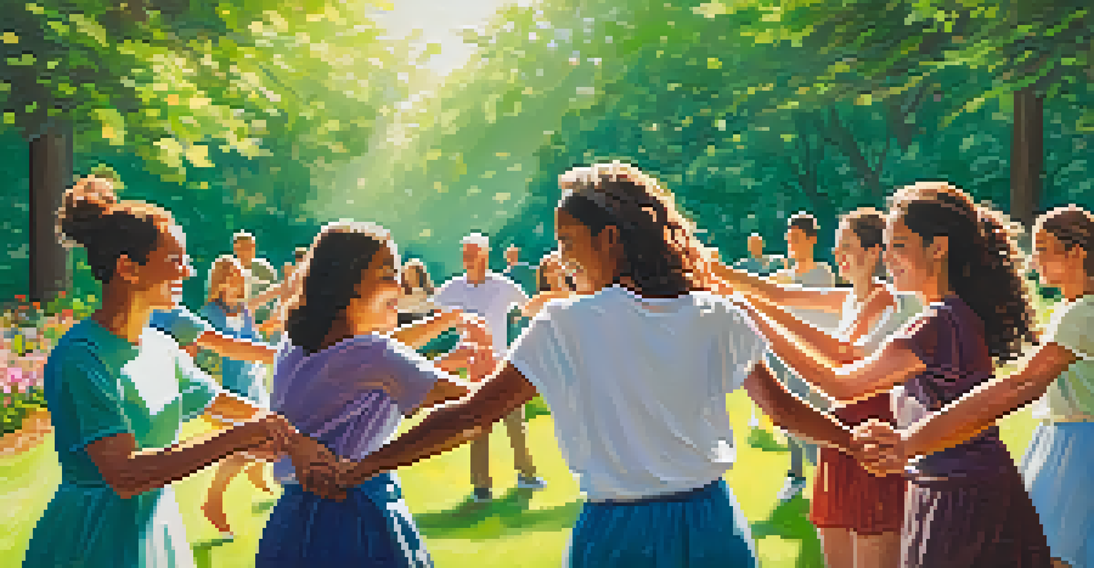 A joyful group of individuals engaged in a circle dance therapy activity outdoors, surrounded by nature and blooming flowers.