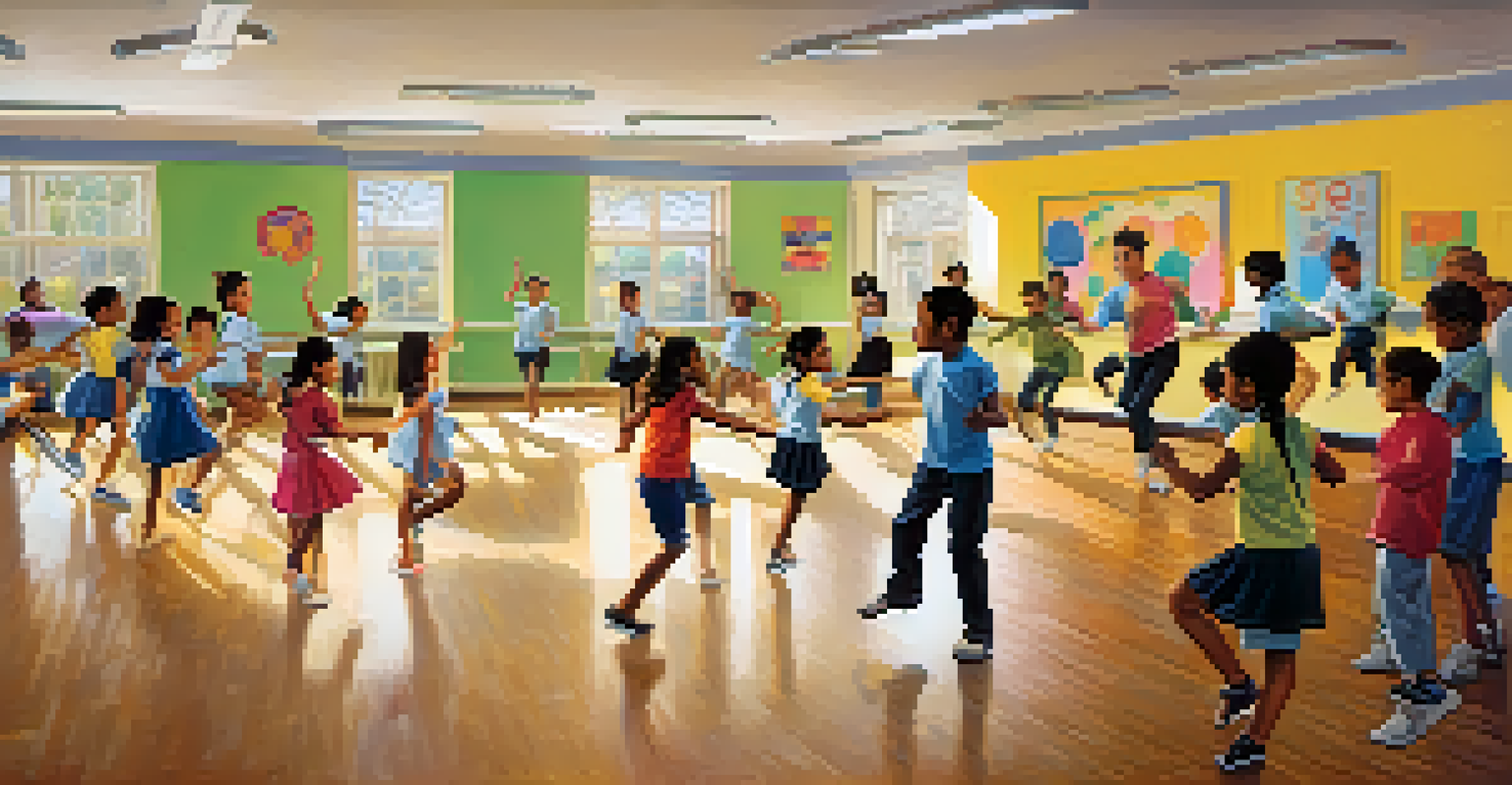 A classroom where students joyfully participate in a dance lesson that integrates math concepts.