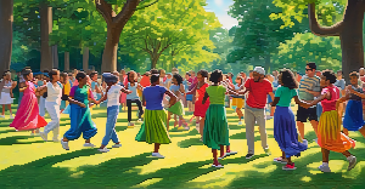 A community dance workshop in a park with participants of different ages dancing and smiling together, surrounded by green trees.