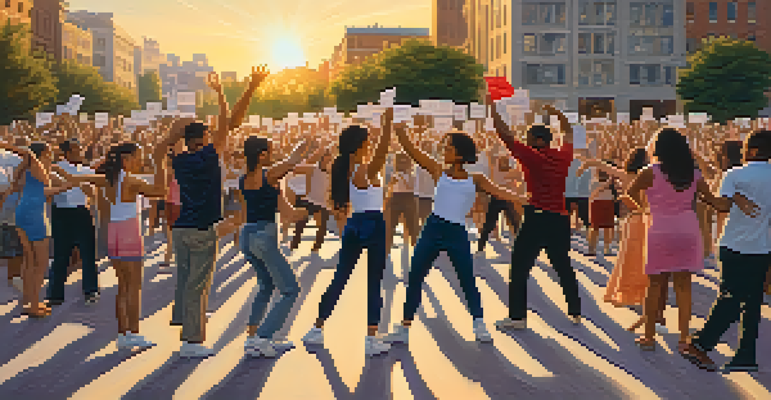 A peaceful outdoor dance protest with individuals expressing unity and activism through movement, surrounded by spectators with signs at sunset.