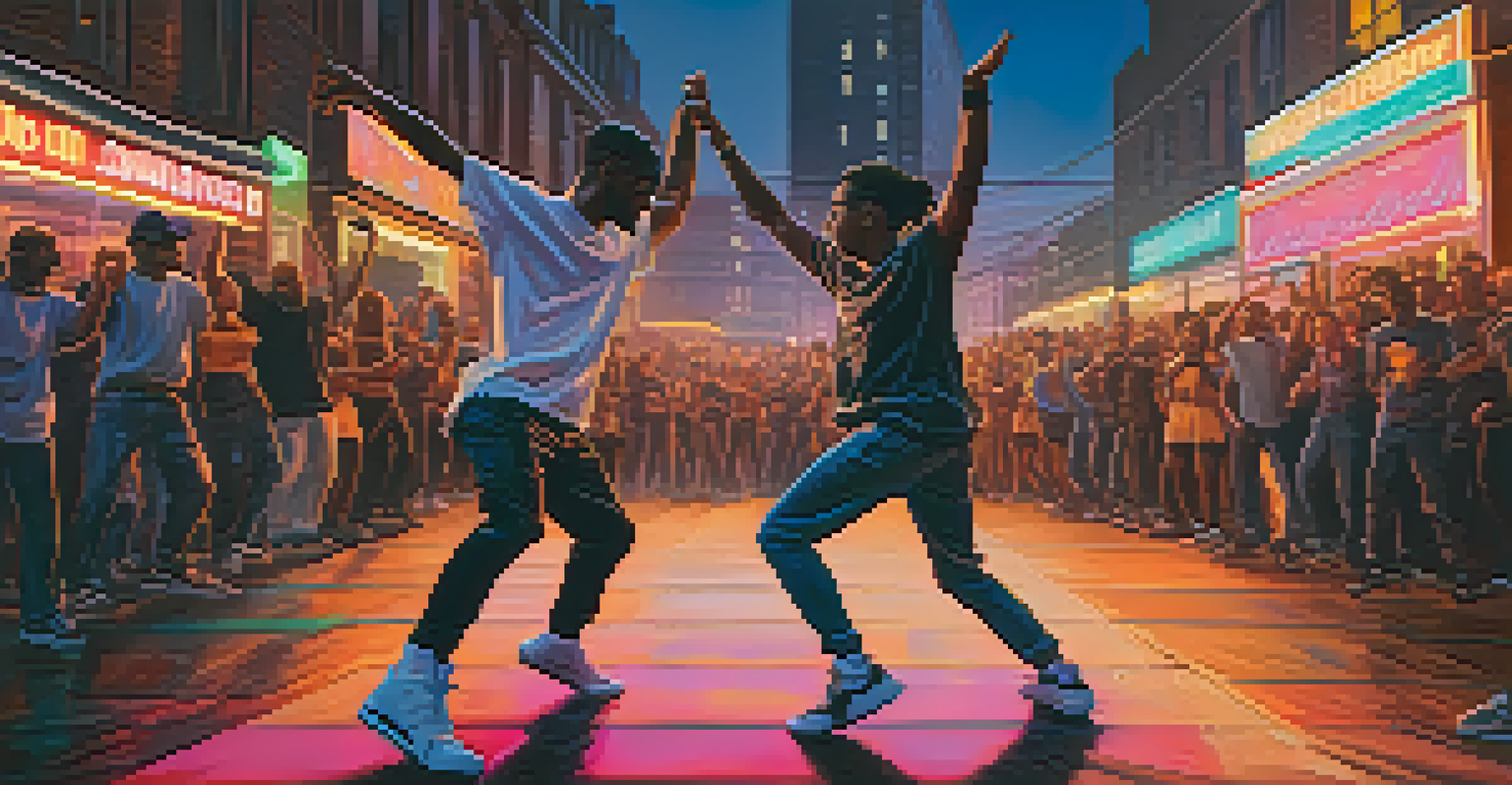 Two dancers facing off in a street dance battle at dusk, surrounded by an energetic crowd and illuminated by neon lights.