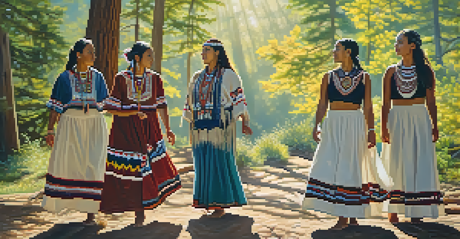 A group of Native American women performing traditional dances outdoors, dressed in intricate attire, surrounded by nature and sunlight filtering through the trees.