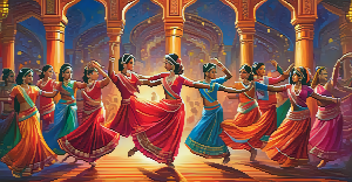 A lively Bollywood dance scene with dancers in traditional clothing, surrounded by colorful decorations and warm lighting.