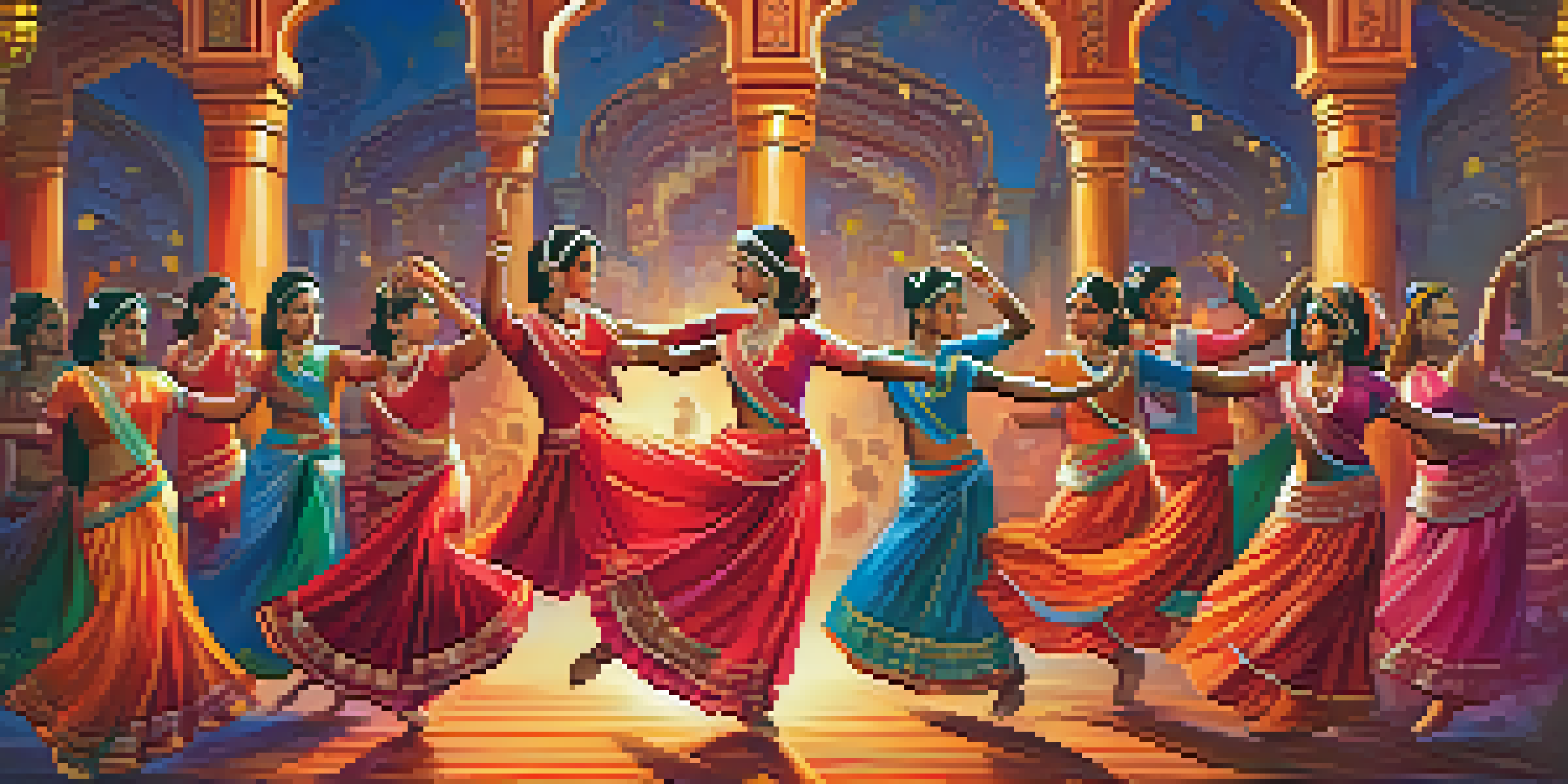 A lively Bollywood dance scene with dancers in traditional clothing, surrounded by colorful decorations and warm lighting.