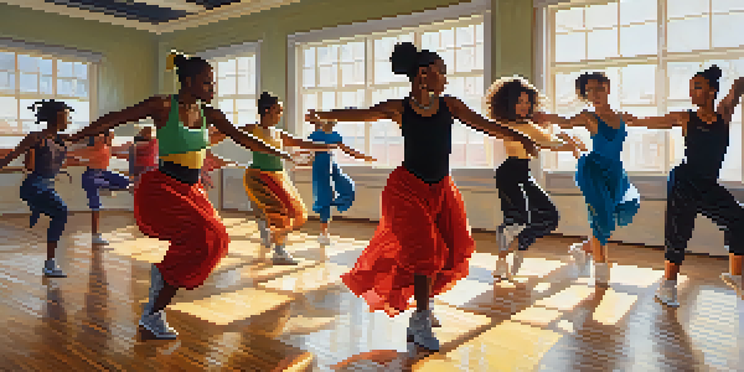 A diverse group of dancers rehearsing in a bright studio, practicing a blend of hip-hop and traditional dance movements, with vibrant costumes and natural light.