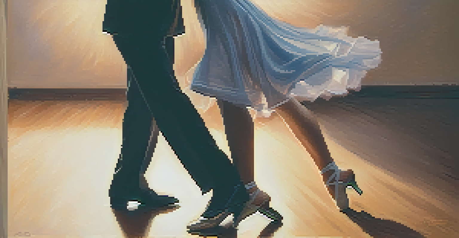 Two dancers sharing a slow waltz in an intimate setting, with warm lighting and a blurred dance studio background.