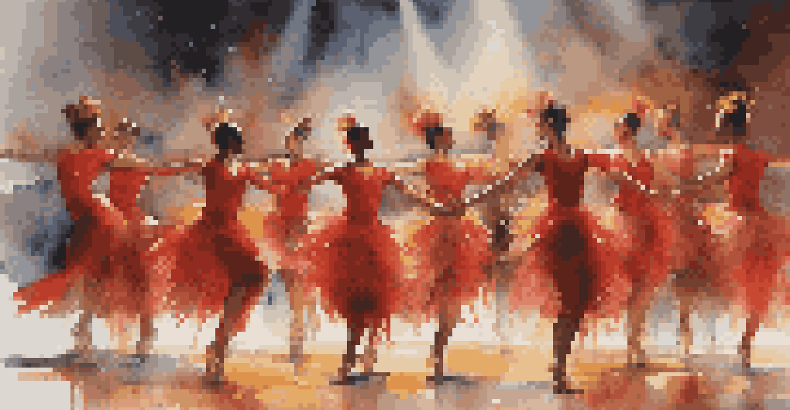 A group of dancers in vibrant costumes performing a synchronized routine on stage, with an engaged audience in the background.