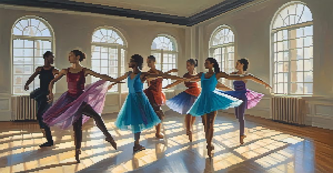 A diverse group of dancers practicing in a bright studio, showcasing collaboration and energy.