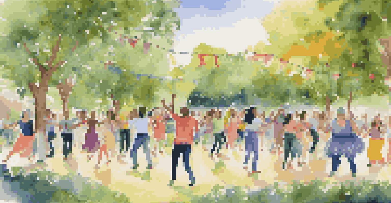 A lively outdoor dance therapy session in a park, with participants joyfully dancing to live music amidst greenery and colorful decorations.