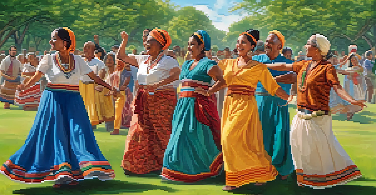 A multigenerational family performing a traditional dance outdoors in a park, wearing culturally inspired outfits, surrounded by nature.