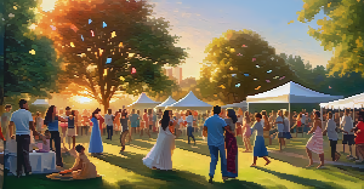 A group of people dancing together in a park at sunset, creating a lively atmosphere.