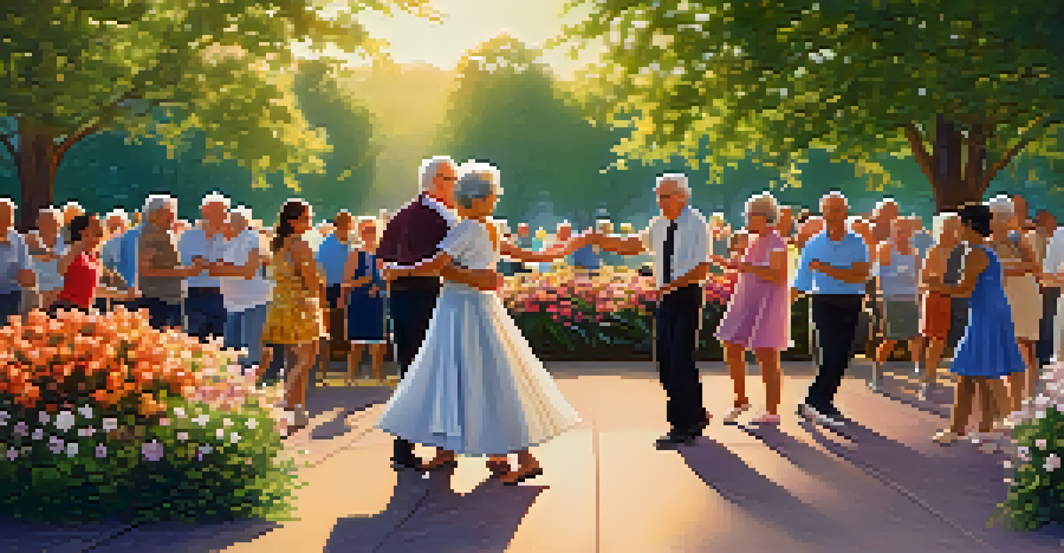 Seniors dancing salsa in a beautiful park during a sunset, surrounded by flowers and greenery.