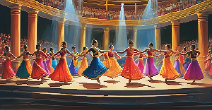 A lively dance festival featuring dancers in traditional and modern costumes performing together on stage, surrounded by an engaged audience.