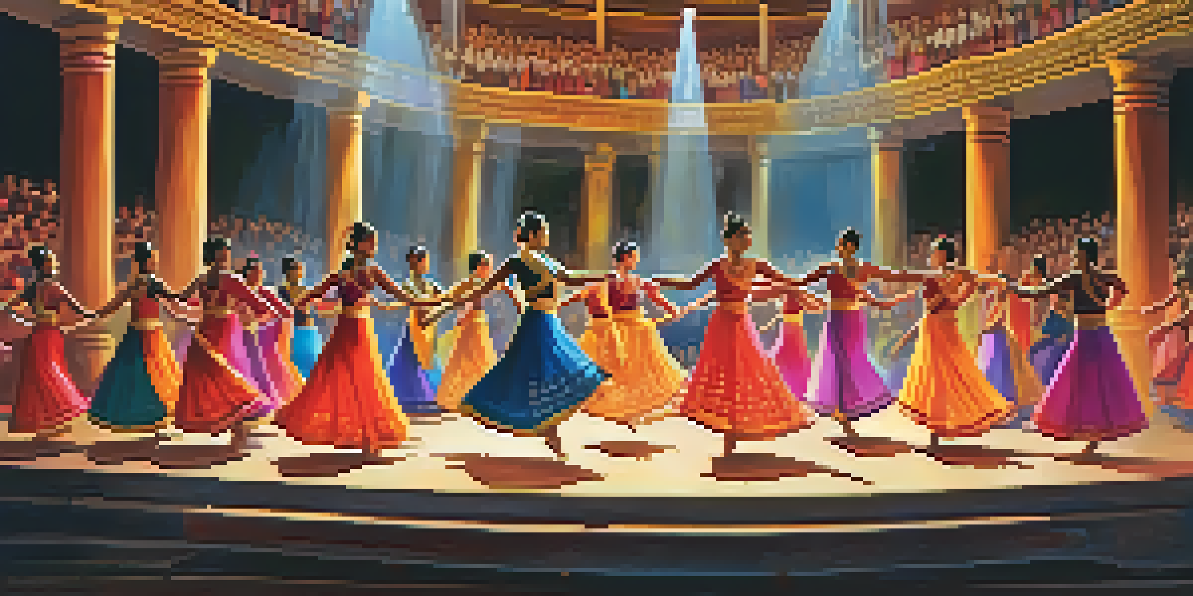 A lively dance festival featuring dancers in traditional and modern costumes performing together on stage, surrounded by an engaged audience.