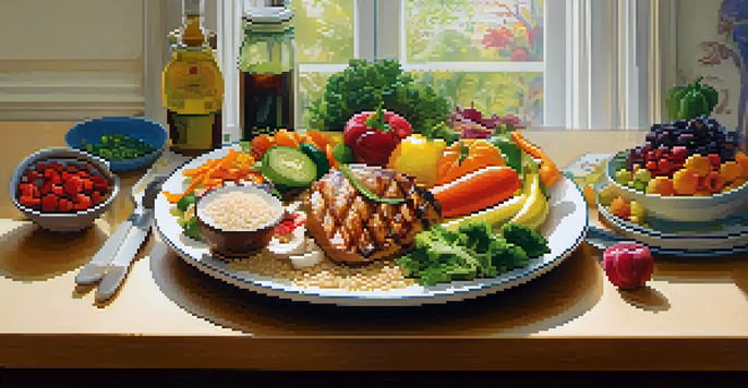 A balanced plate of food for dancers, showcasing colorful vegetables, grilled chicken, and brown rice in a well-lit kitchen.