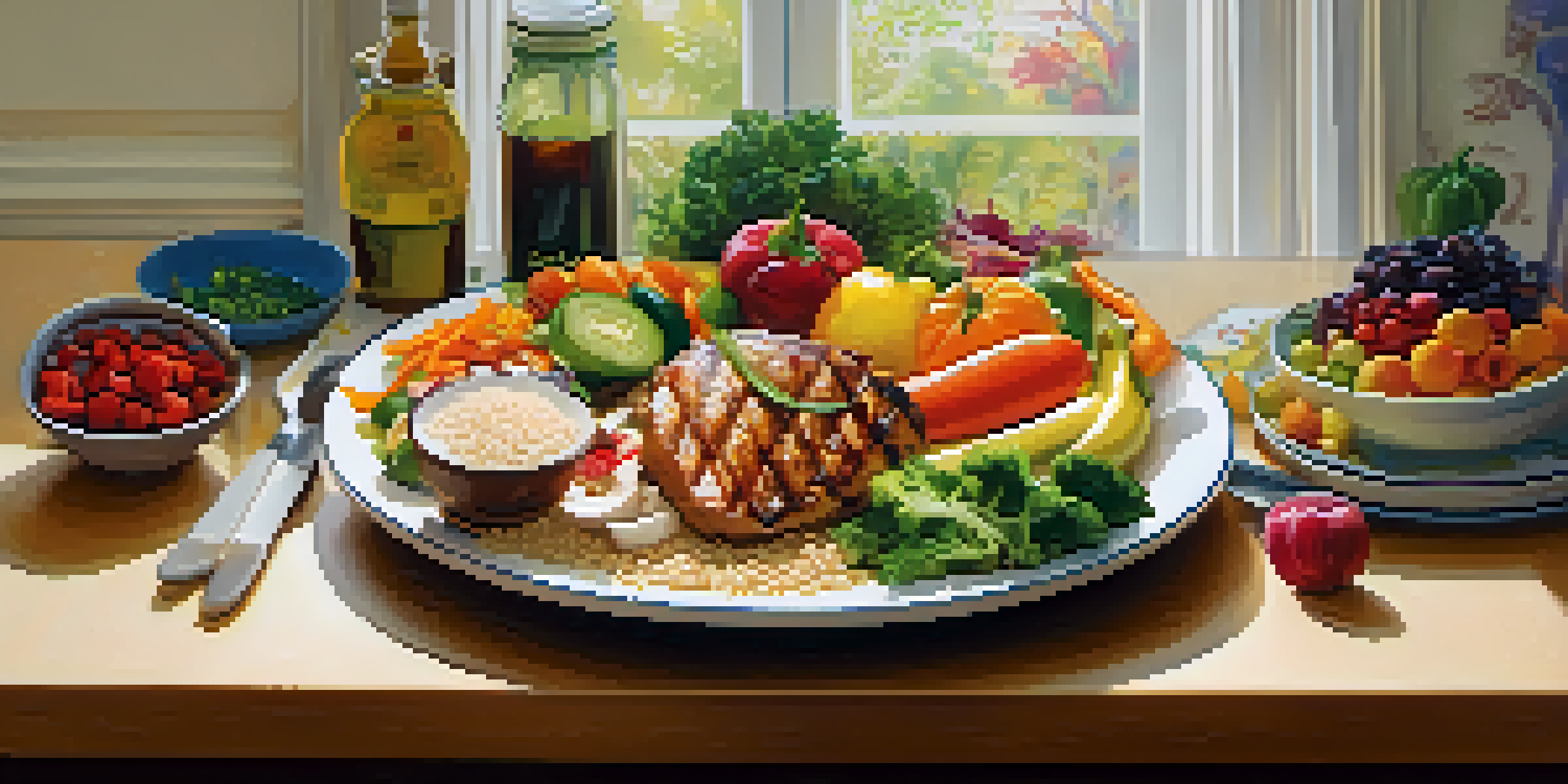 A balanced plate of food for dancers, showcasing colorful vegetables, grilled chicken, and brown rice in a well-lit kitchen.