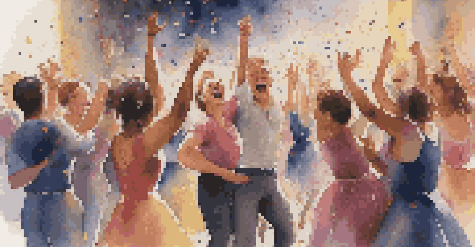 Dancers celebrating together backstage after a performance, surrounded by confetti and displaying joy and camaraderie.